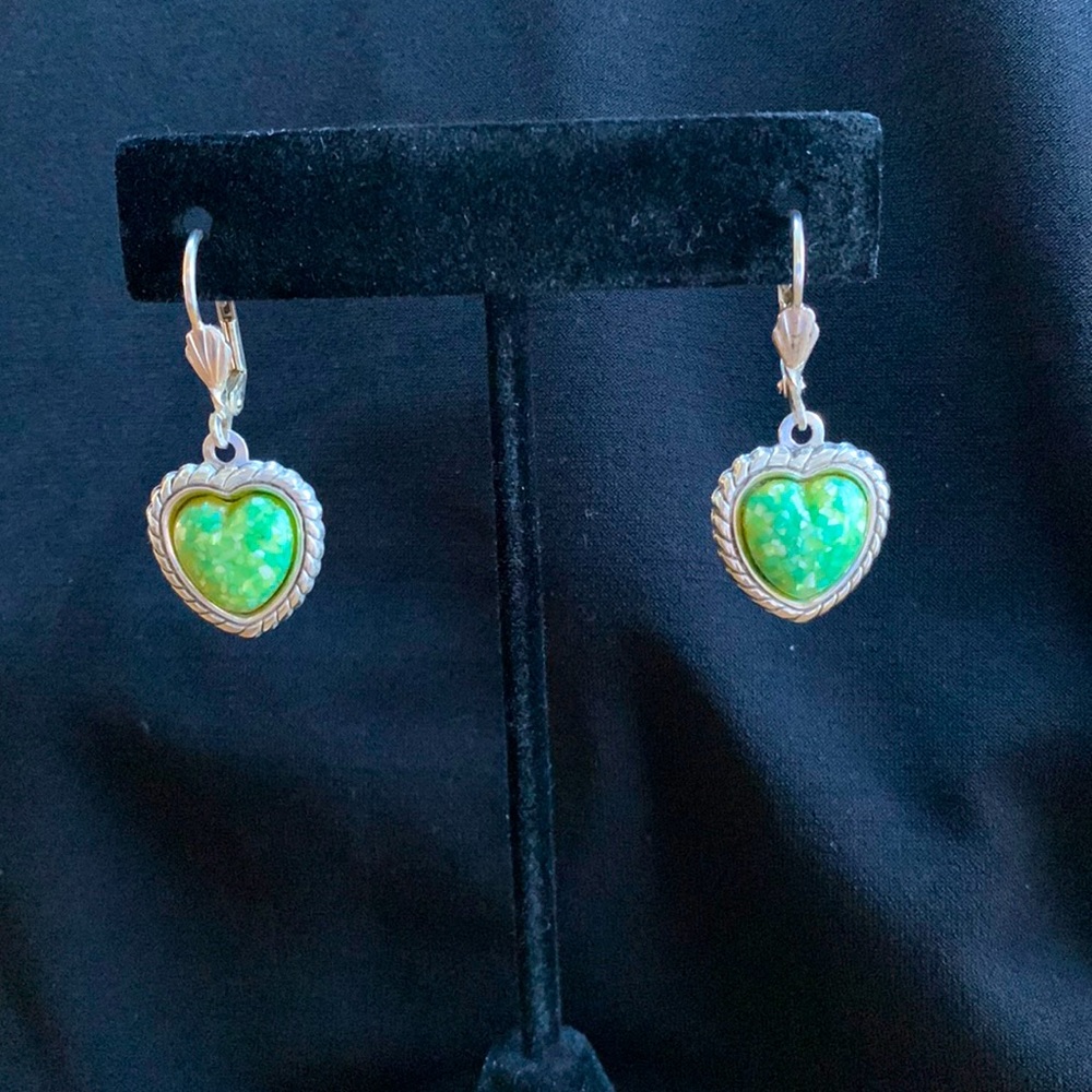 Sterling silver lever back, heart shaped green turquoise drop earrings